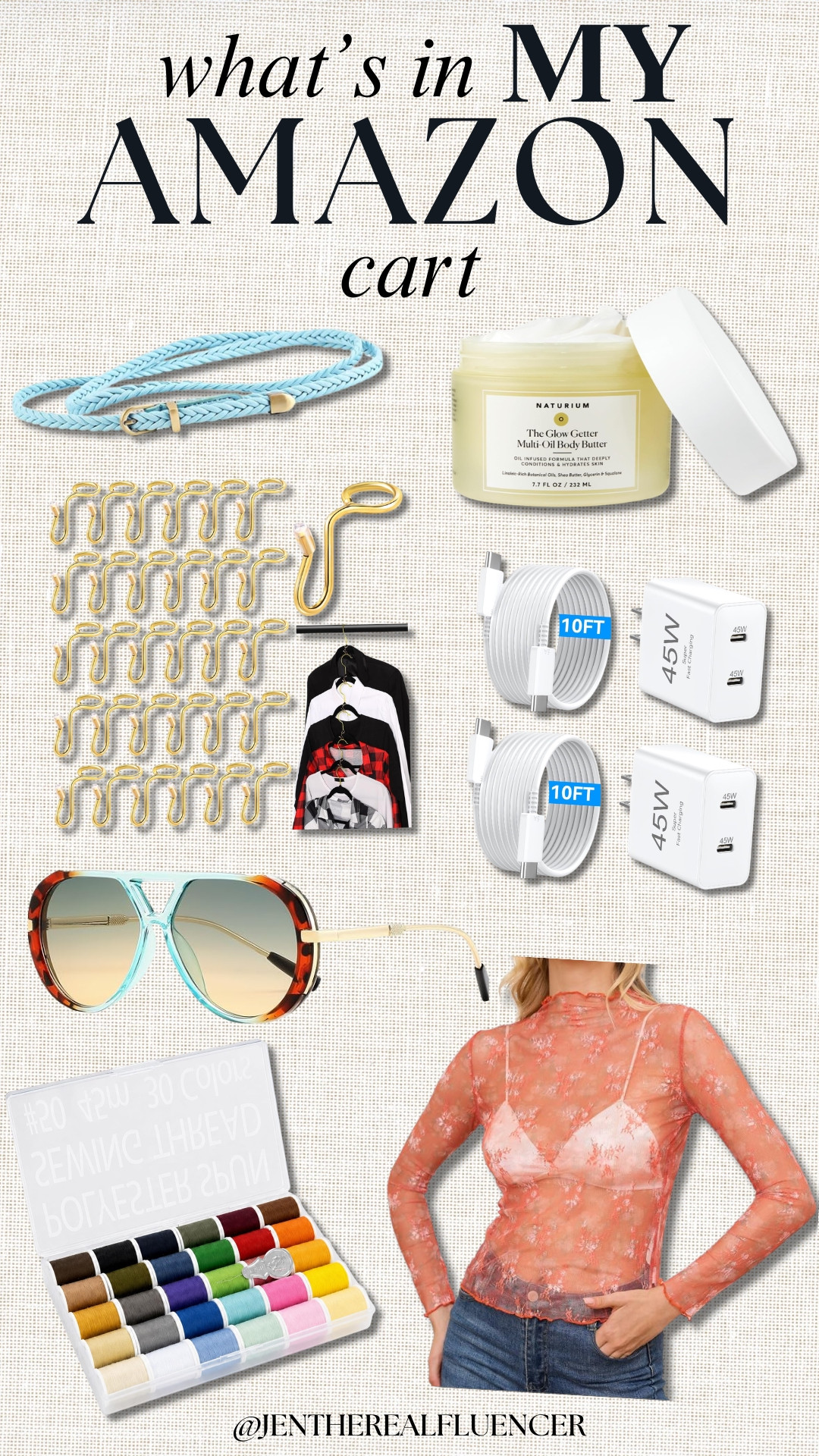 MY next Amazon Purchase....!

Skinny Braided Belt - Can you ever have too many outfit accessories?!?!

Naturium The Glow Getter Body Body - Seeing what the hype is all about, because I hear it's good!

50pk Clothes Hanger Connector Hooks - Girls! Make sure your closet works extra hard for you and all your clothes ;) 

Charger Set - I am ALWAYS misplacing my chargers!

Aviator Sunglasses - They are super fun and I'm going to stretch these sunny days for as long as I can!!

Sewing Thread Kit: For my DIY T-Shirt hacks!!

Mesh Long Sleeve - Cooler weather is ahead and I love layering these shirts under tees! 

 #LTKdayinmylife #LTKHome #LTKMidsize