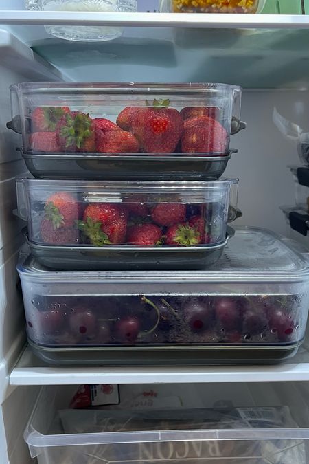 Keepin it fresh with my produce savers. These have been the best for making berries last so you aren’t throwing away fuzzies. The bottoms are slotted so you can wash, rinse and store the produce all in one container, ready to eat. The fruit and veggie keepers give you the option of air vents or not and the bottom tray is built to hold a couple tsp of water to maintain humidity. We’ve ditched the crisper drawer for these and I’m obsessed. If you get lucky you might catch these at Costco where I got my second set, otherwise you can grab them on prime#LTKFind 

#LTKfamily #LTKhome
