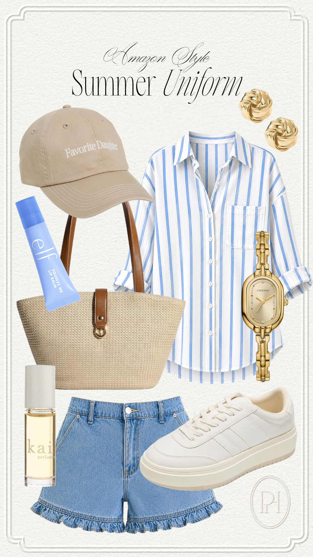 Amazon finds for the perfect summer uniform!

summer fashion, summer looks, summer style, summer outfit, neutral hat, tan hat, baseball cap, gold earrings, stud earrings, knot earrings, gold watch, lip balm, roll on perfume, fragrance, ruffled hem shorts, denim shorts, linen shirt, summer button down shirt, striped shirt, errand outfit, mom look, mom style, mom outfit, mom fashion 

 #LTKgrwm #LTKootd #LTKmomlife