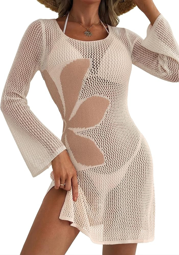 IWD Swimsuit Cover Up for Women 2026 Crochet Swimwear Mesh Knit Bathing Suit Beach Dress Summer V... | Amazon (US)