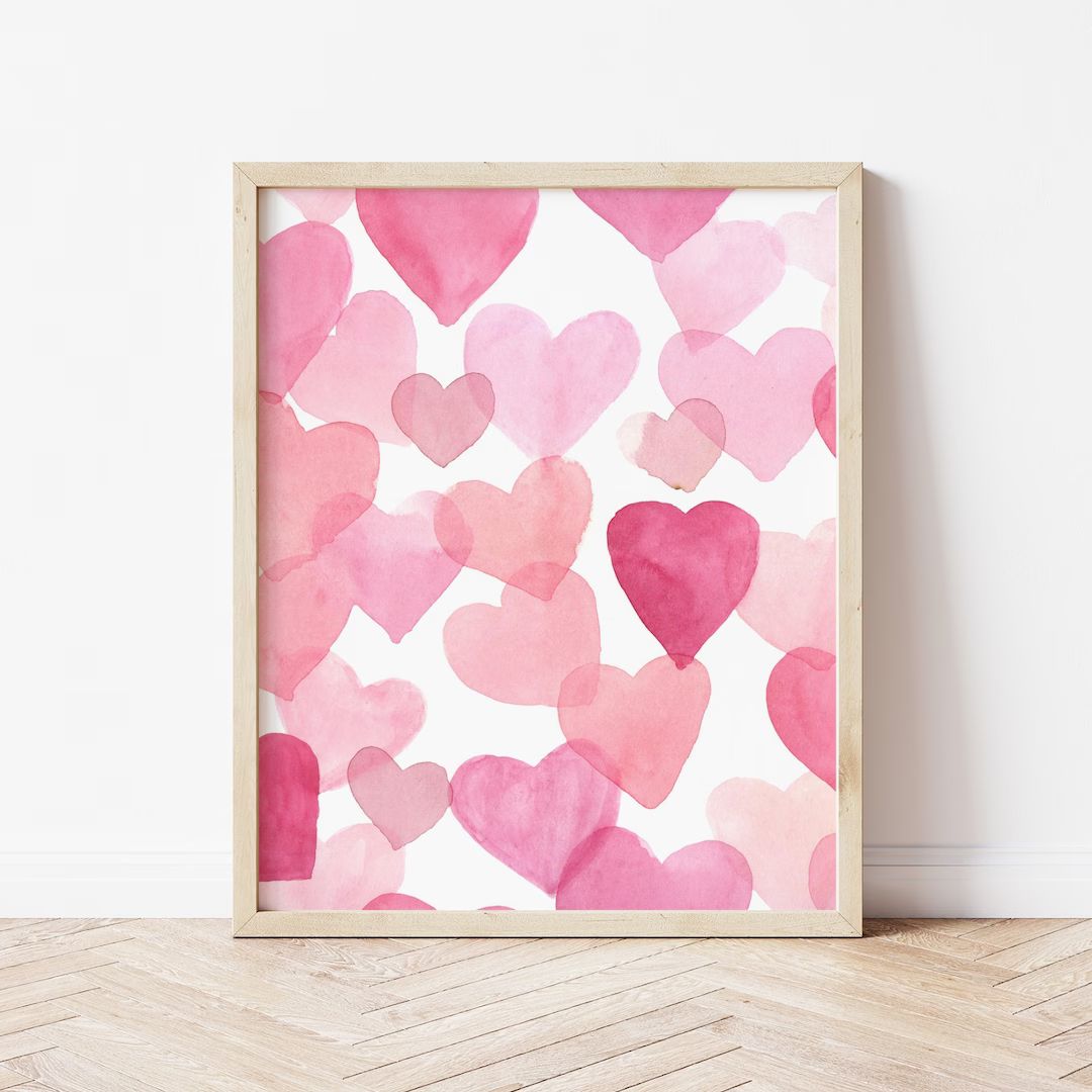 Watercolor Hearts Print, Valentines Day Print, Hearts Printable, Pink Valentines Print, Valentine... | Etsy (US)