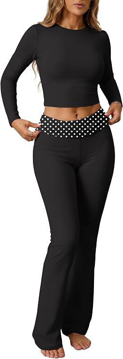 ONLYSTORY Womens 2 Piece Sets Foldover Pants Long Sleeve Crop Tops Pjs Sets,BK Little PD Black,L | Amazon (US)