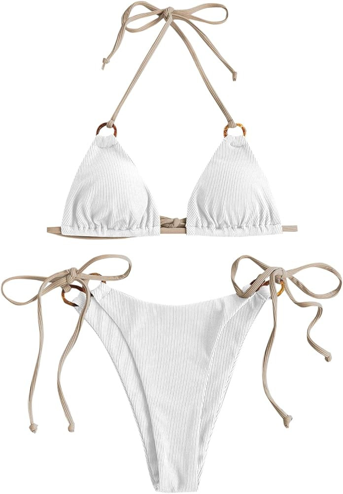 ZAFUL Women's Halter Triangle Bikini Ribbed String Smocked Swimwear Cheeky Thong Swimsuit High Cu... | Amazon (US)