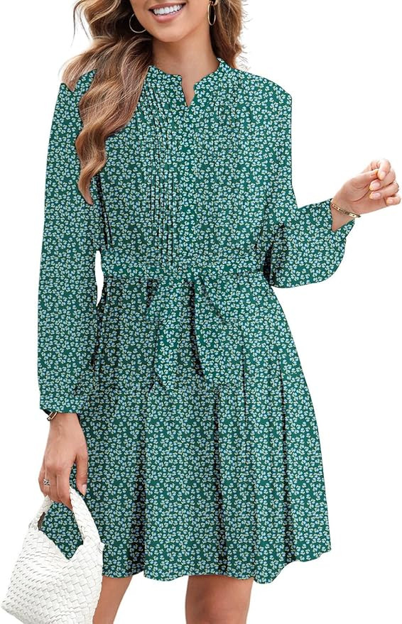 Dokotoo Womens Floral Boho Dress 2024 Casual Crewneck Button Long Sleeve Empire Waist Belted Flow... | Amazon (US)