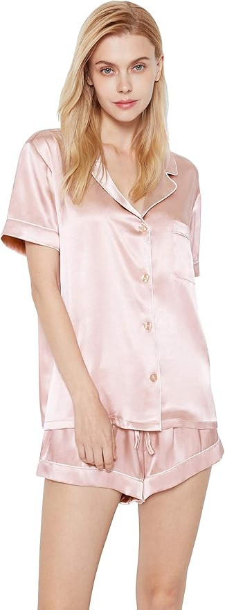 SIORO Women Pajamas Sets Satin Short Sleeve Silk Pajamas for Women, Button Down Sleepwear Soft Pj... | Amazon (US)