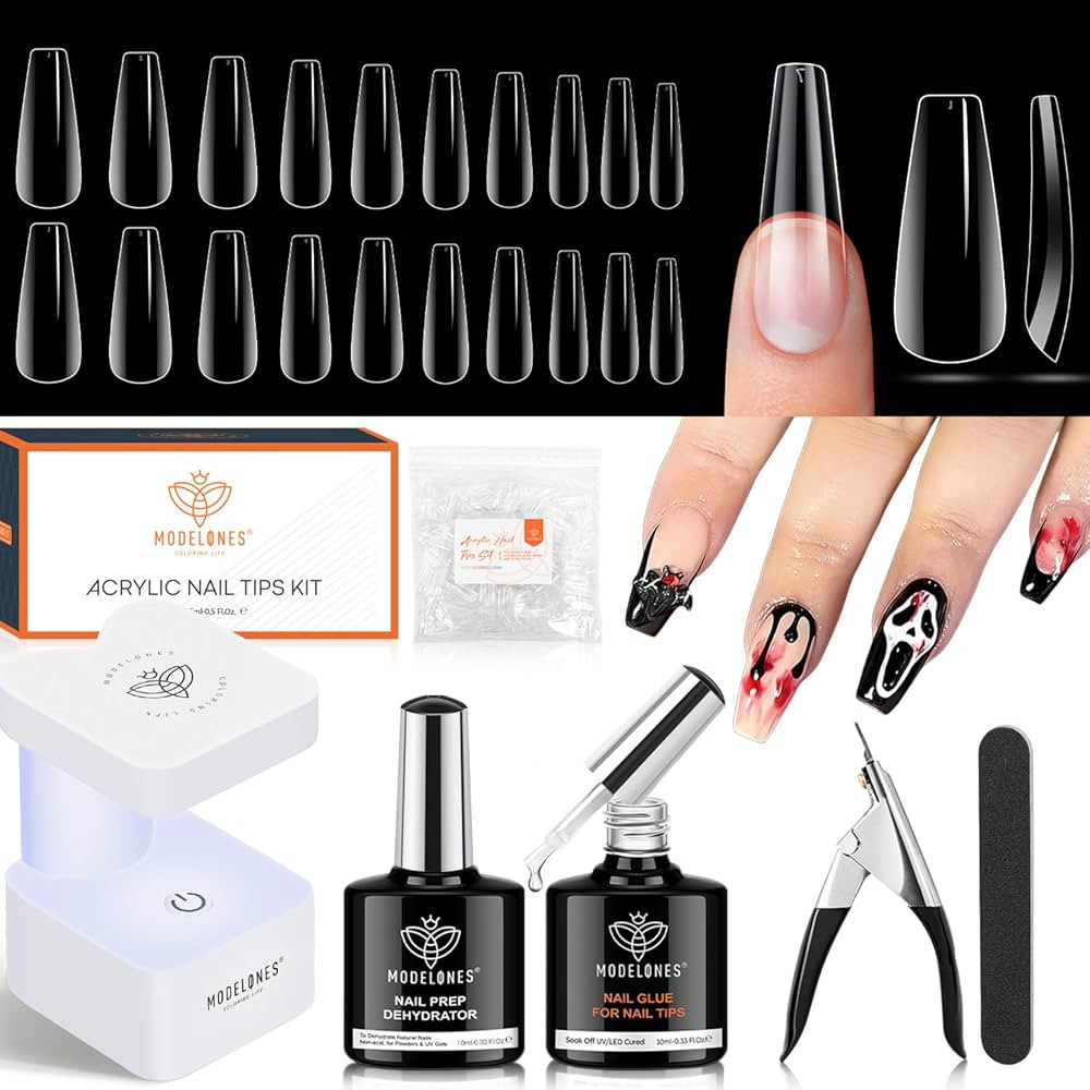 modelones Gel Nail Kit, Fake Nails Long Coffin, 9-in-One Glue Prep Dehydrator & Portable Mini U V... | Amazon (US)