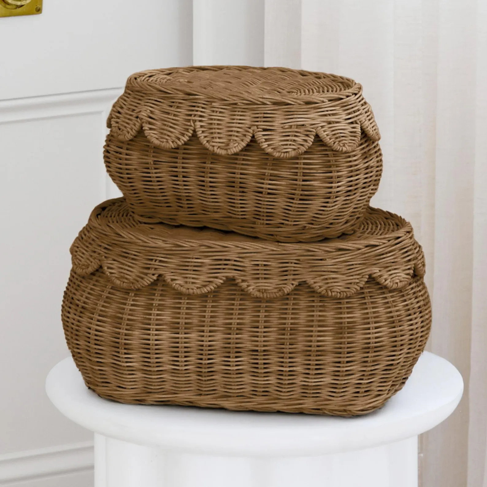 Scalloped Rattan Basket Set Of 2 - Hand-Woven & Award-Winning - 15 x 10 x 6 In - Wicker Storage B... | Etsy (US)