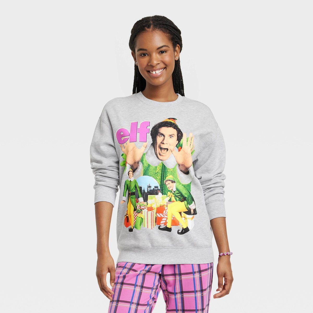 Women's Elf Collage Graphic Sweatshirt - Heathered Gray | Target