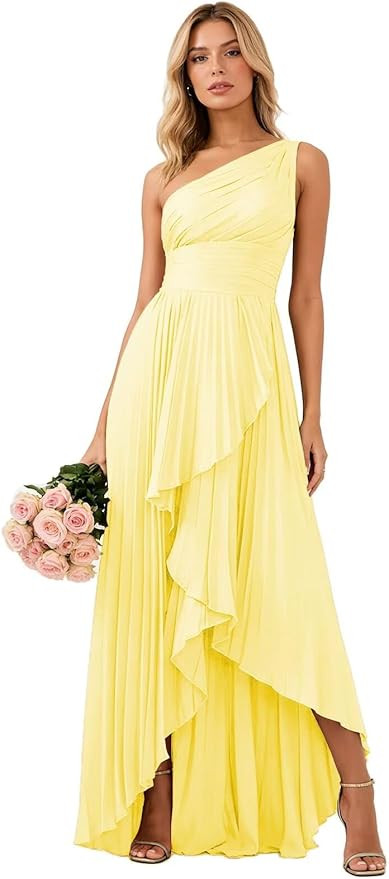 One Shoulder Satin Bridesmaid Dresses with Slit Pleated High Low Formal Evening Dresses TQ016 | Amazon (US)