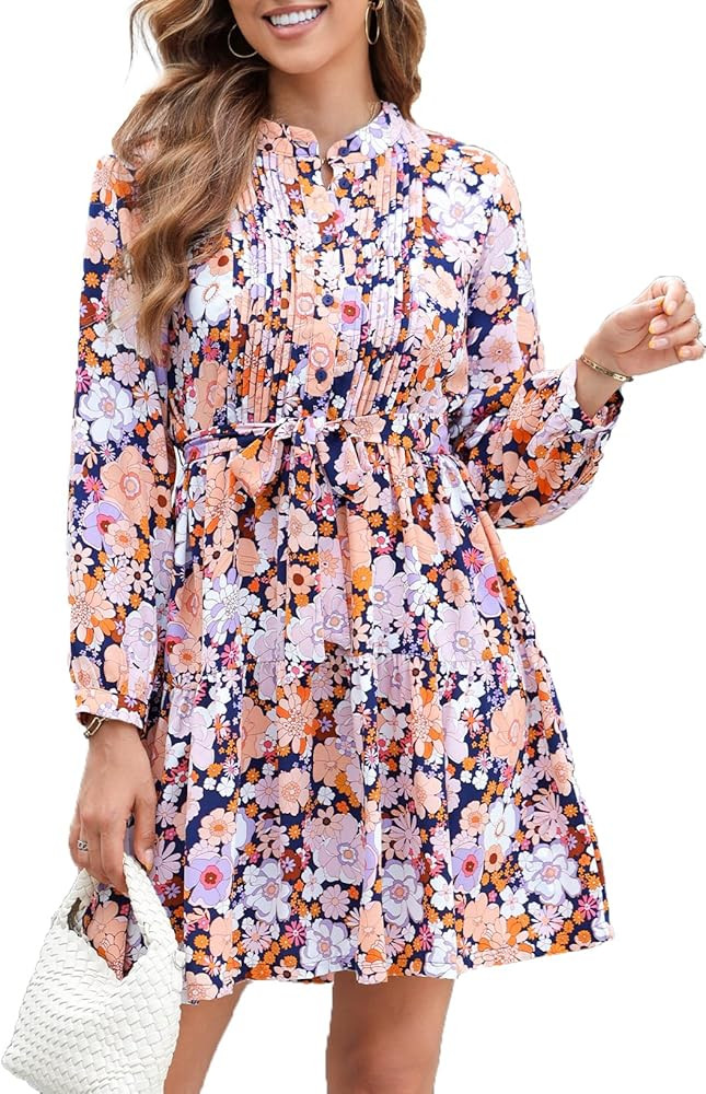 Dokotoo Womens Floral Boho Dress 2024 Casual Crewneck Button Long Sleeve Empire Waist Belted Flow... | Amazon (US)