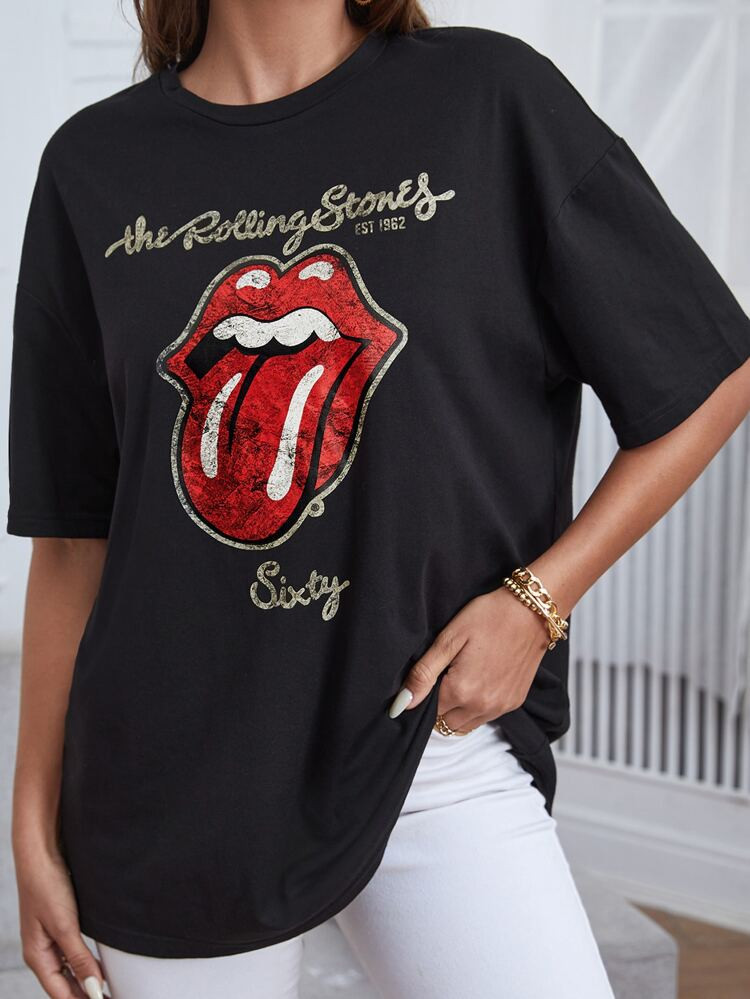 THE ROLLING STONES Mouth & Letter Graphic Drop Shoulder Tee | SHEIN