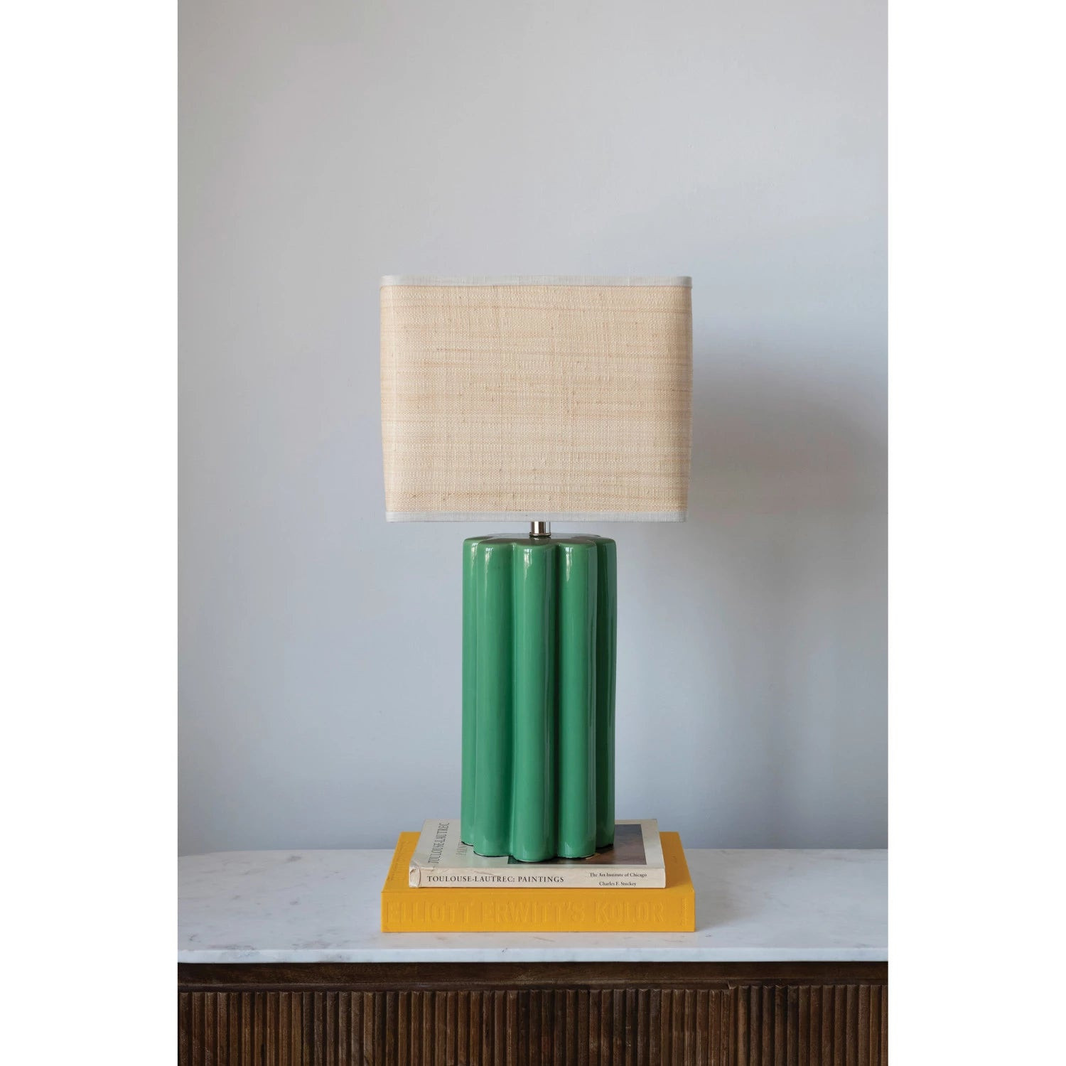 Green Stoneware Fluted Table Lamp with Raffia Shade | Auden & Avery