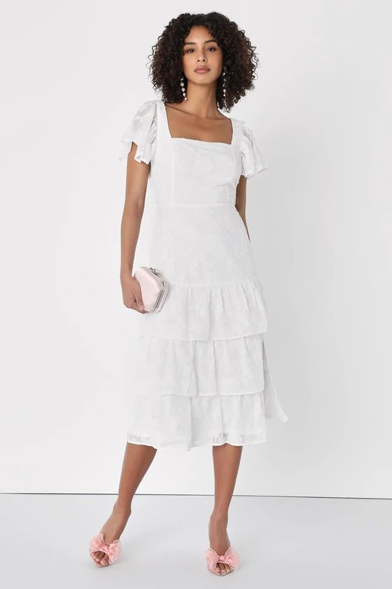 Loveliest Feeling White Floral Jacquard Tie-Back Midi Dress | Lulus (US)