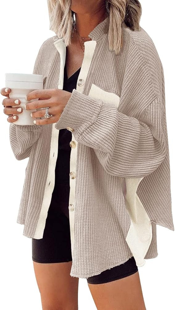 Womens Corduroy Button Down Shirts Color Block Long Sleeve Blouses Tops Jackets | Amazon (US)