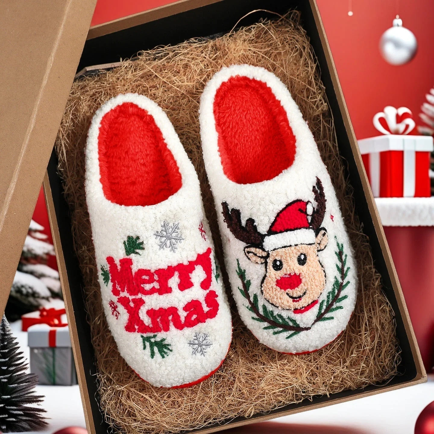 BERANMEY Cute Christmas Slippers for Women & Men Plush Fuzzy Holiday House Slippers Warm Cozy Fam... | Walmart (US)