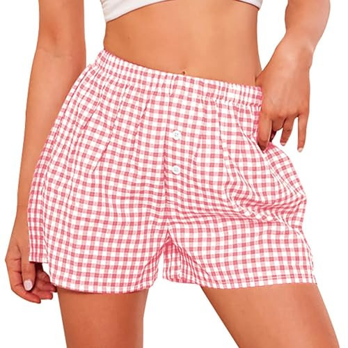 Women's Gingham Boxer Shorts 2025 Summer Casual Y2k Plaid Loungewear Sleepwear Pajama Bottom Trendy Streetwear (Pink #02, M) | Amazon (US)