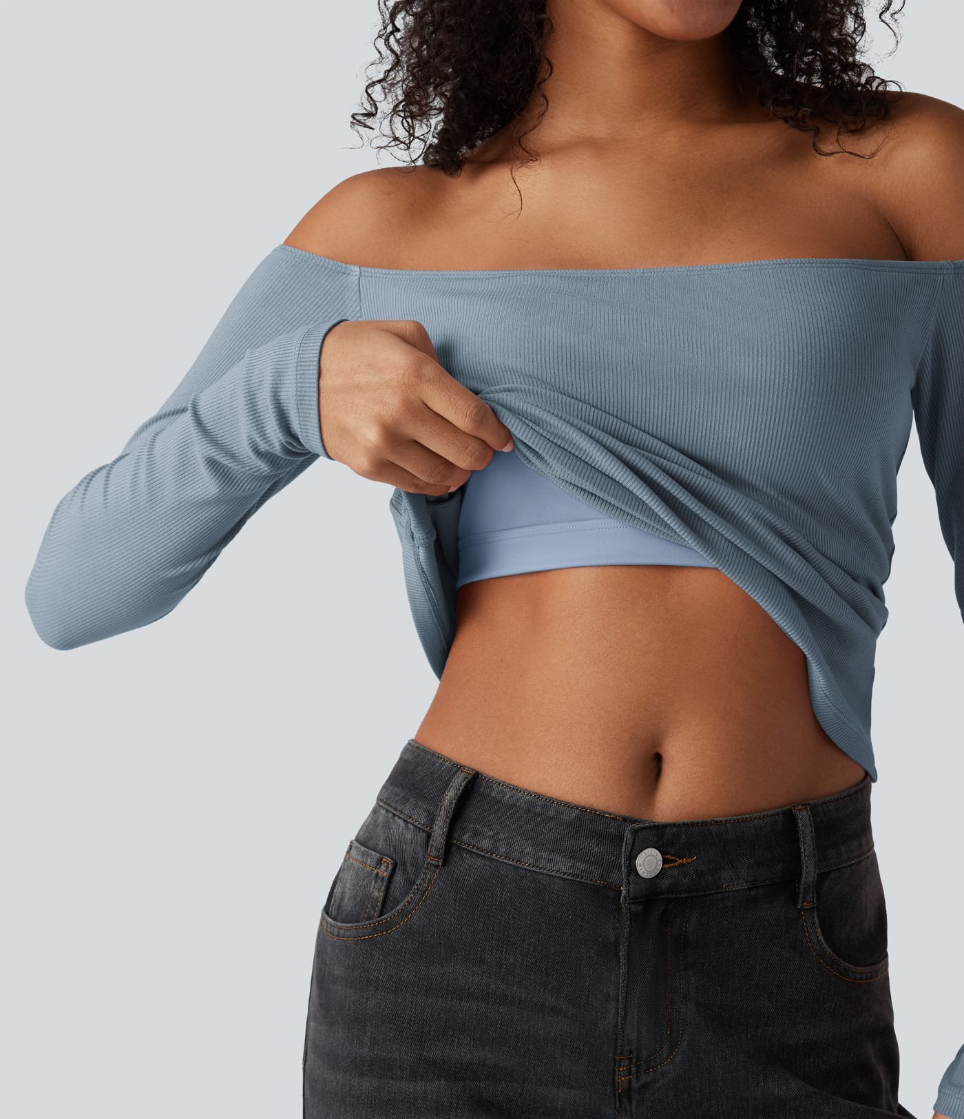 Women’s Ribbed Knit Off Shoulder Long Sleeve 2-in-1 Casual Top - Halara | HALARA