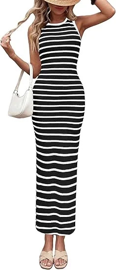 PRETTYGARDEN Sundresses for Women Summer Striped Knit Side Slit Spring Fashion Bodycon Maxi Dress... | Walmart (US)