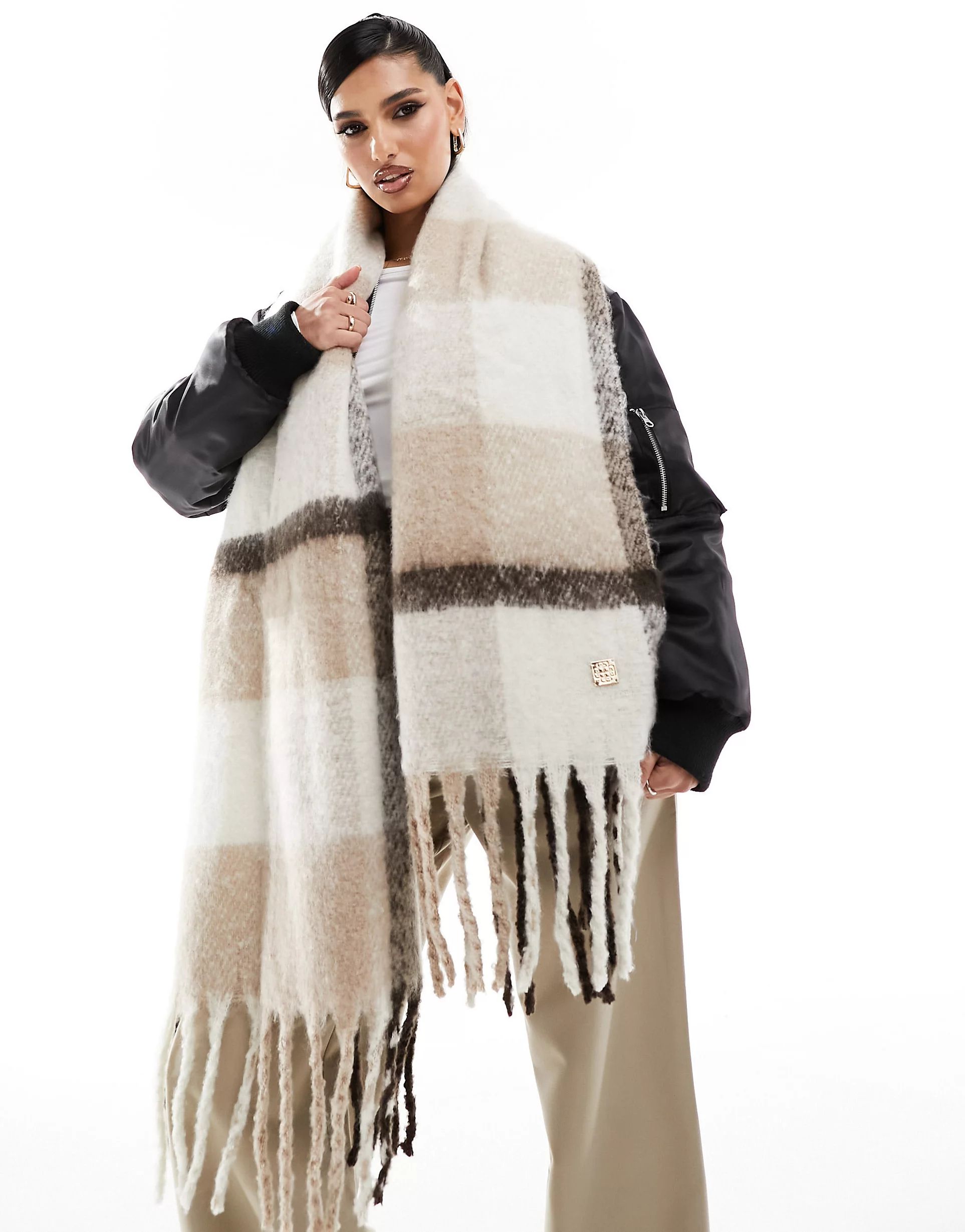 River Island heavyweight check scarf in beige | ASOS (Global)