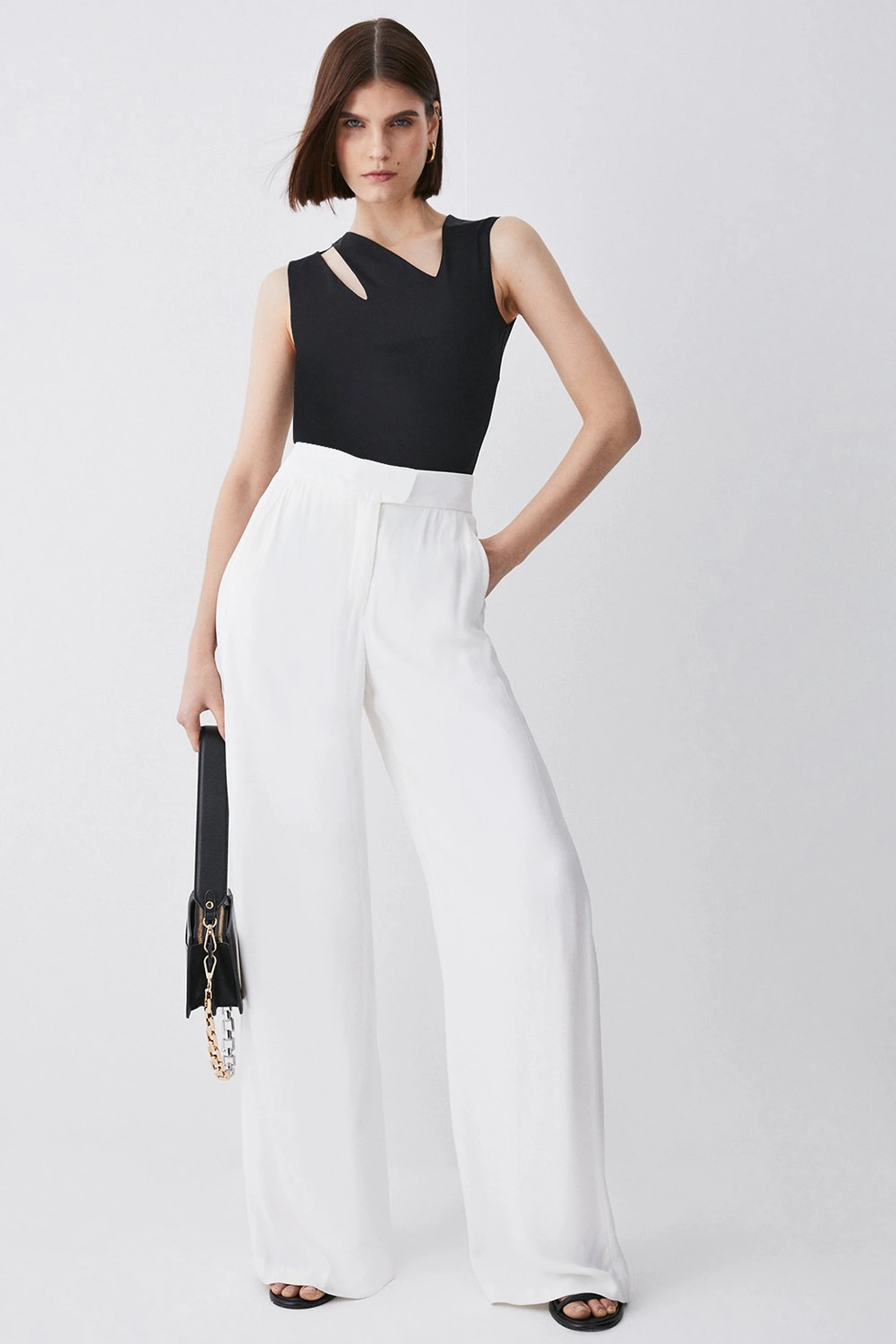 Viscose Satin Back Crepe Wide Leg Trousers | Karen Millen UK + IE + DE + NL