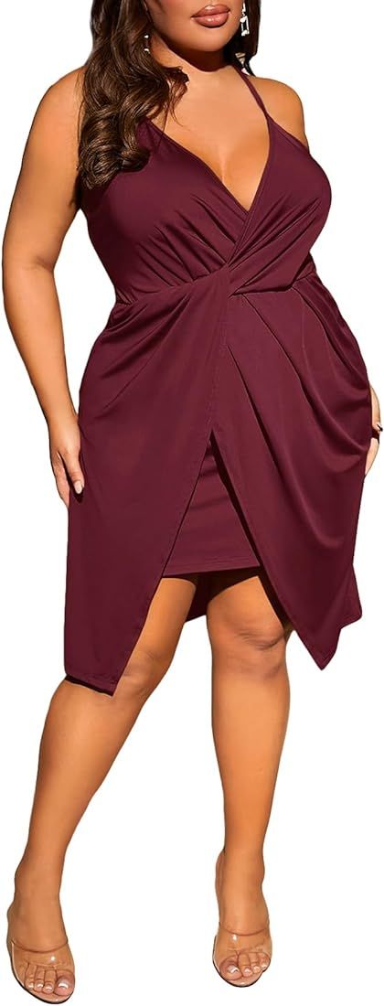 Women's Plus Size Crisscross Tie Back Deep V Neck Wrap Asymmetrical Cami Dress | Amazon (US)