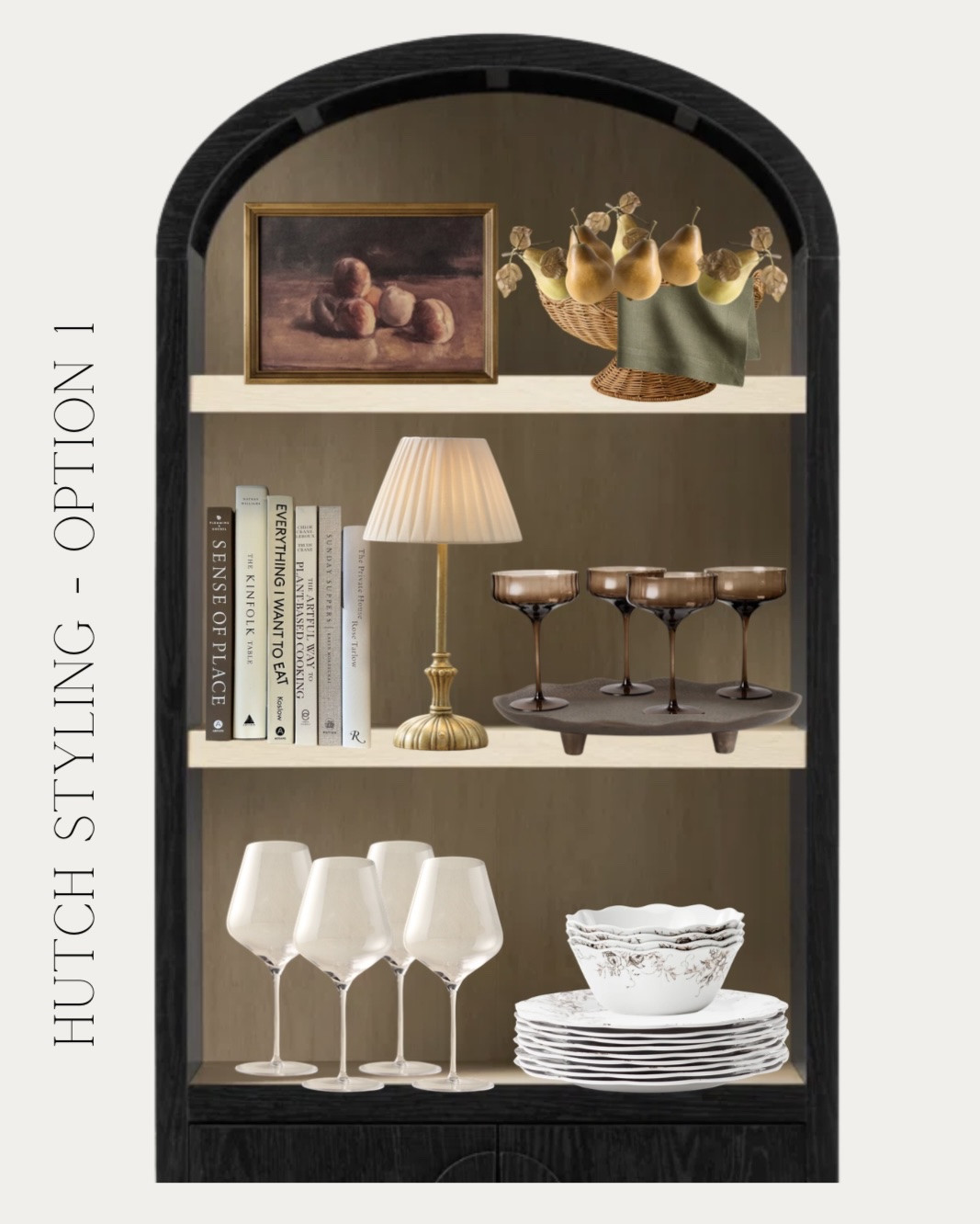 Dining room hutch styling 🤎🍸
I love shelf styling, especially in the kitchen or dining area! I use lots of glass in the form of fun cocktail glasses or wine glasses. I like to add lighting with battery operated lamps to bring some ambiance. Wicker bowls with fruit and a towel or napkin to add a little fun touch! And a set of plates and bowls with a design. I would use antiqued books or cookbooks in this area too!!

#LTKHome