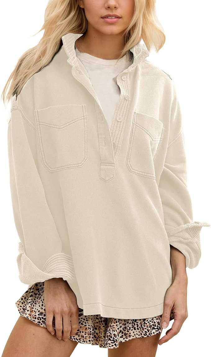 Locachy Women's Casual Oversized Polo Neck Sweatshirt Lapel Long Sleeve Button Pullover Tops Fash... | Amazon (US)