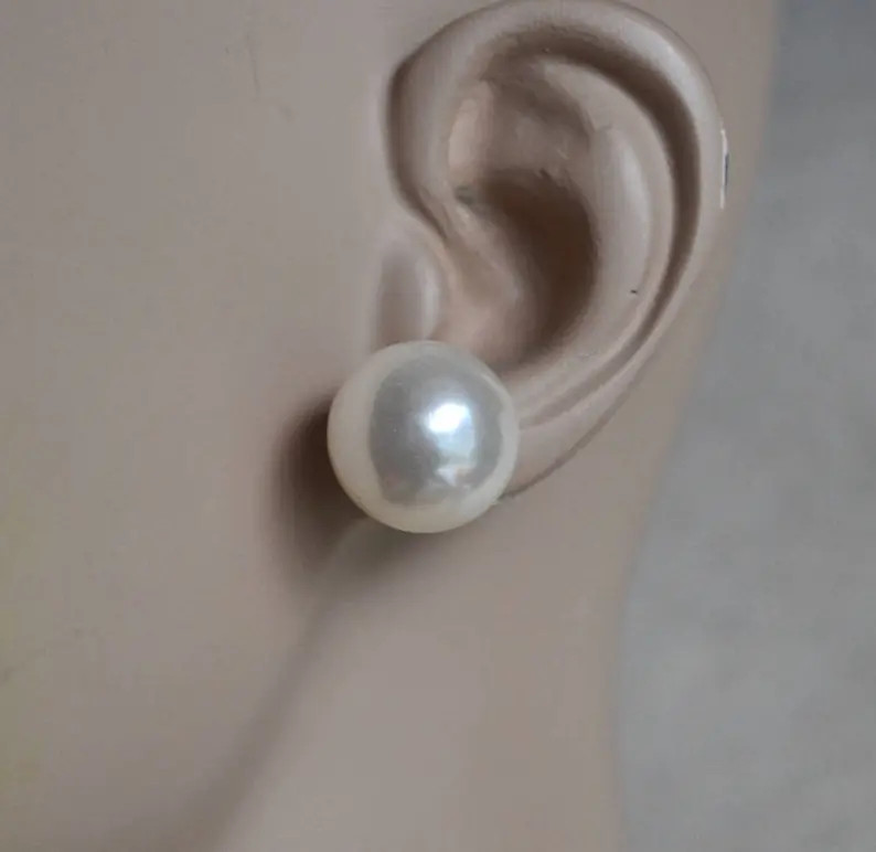 Large Pearl Earrings Stud, 16 mm ivory Pearl Earrings,Round Pearl Earrings,Faux Pearl Stud Earrin... | Etsy (US)