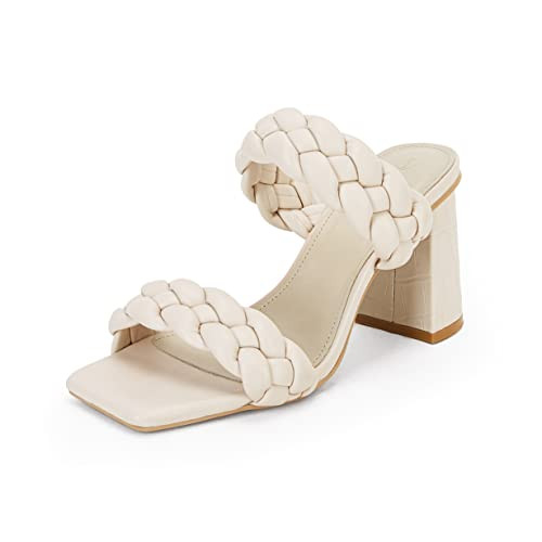 Syktkmx Women's Braided Heeled Sandals Backless Square Open Toe Block Slide Sandals | Amazon (US)