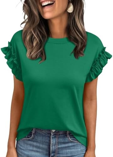 AUTOMET Womens Summer Short Sleeve Tops Trendy Business Casual Tshirts 2026 Cute Dressy Ruffle Cr... | Amazon (US)