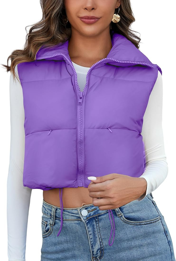 Kissonic Women's Padded Down Vest Puffer Stand Collar Zip Up Crop Sleeveless Jacket | Amazon (US)