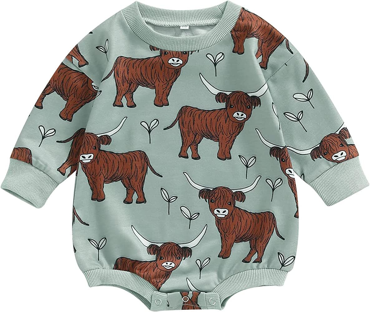 Western Baby Boy Girl Clothes Newborn Cow Print Romper Sweatshirt Onesie Highland Cowboy Long Sle... | Amazon (US)