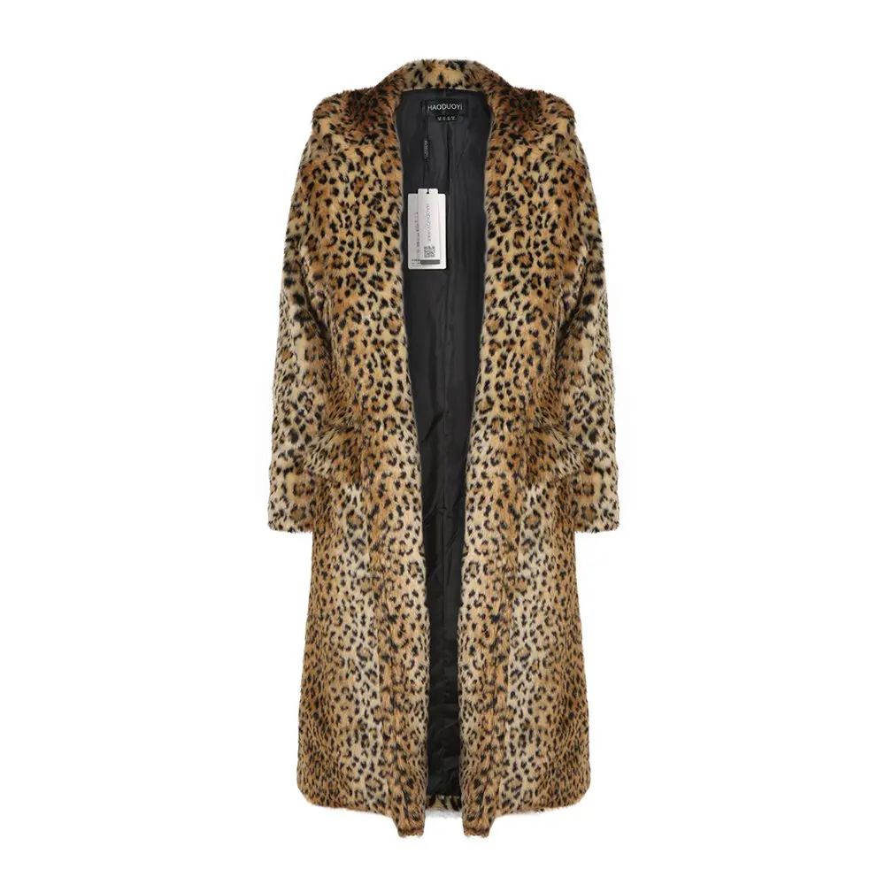 HAODUOYI Women'S Main Leopard Fur Coat Double Pocket Long Female Jacket Leopard | Rosegal US