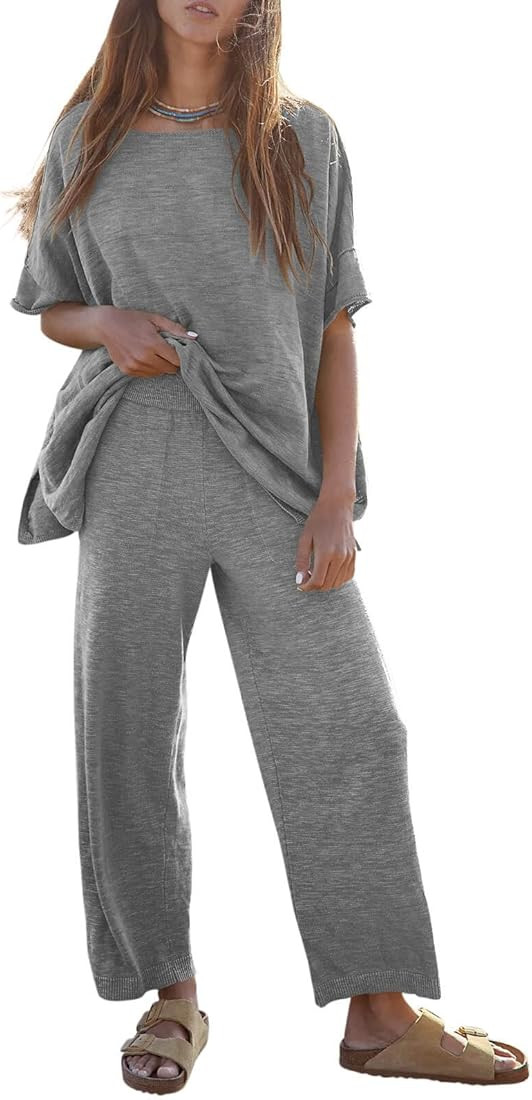 Tankaneo Women's 2 Piece Travel Outfits Casual Short Sleeve Knit Sweater Set Wide Leg Pants Loung... | Amazon (US)