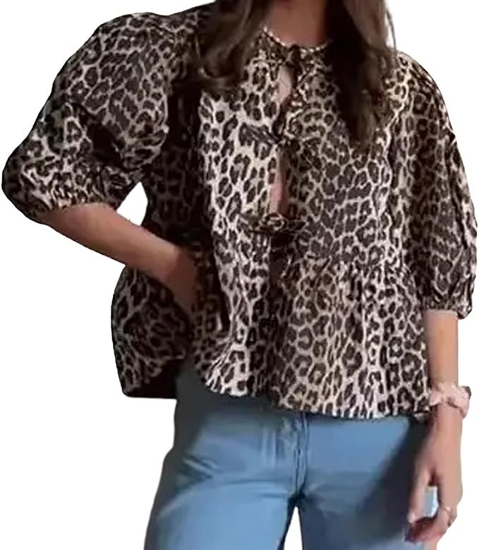 Front Tie Tops for Women Leopard Print Babydoll Peplum Top Puff Sleeve Coquette Tops 3/4 Sleeve C... | Amazon (US)