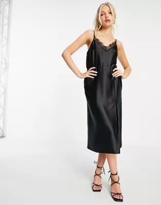 Miss Selfridge lace trim satin midi dress in black | ASOS (Global)