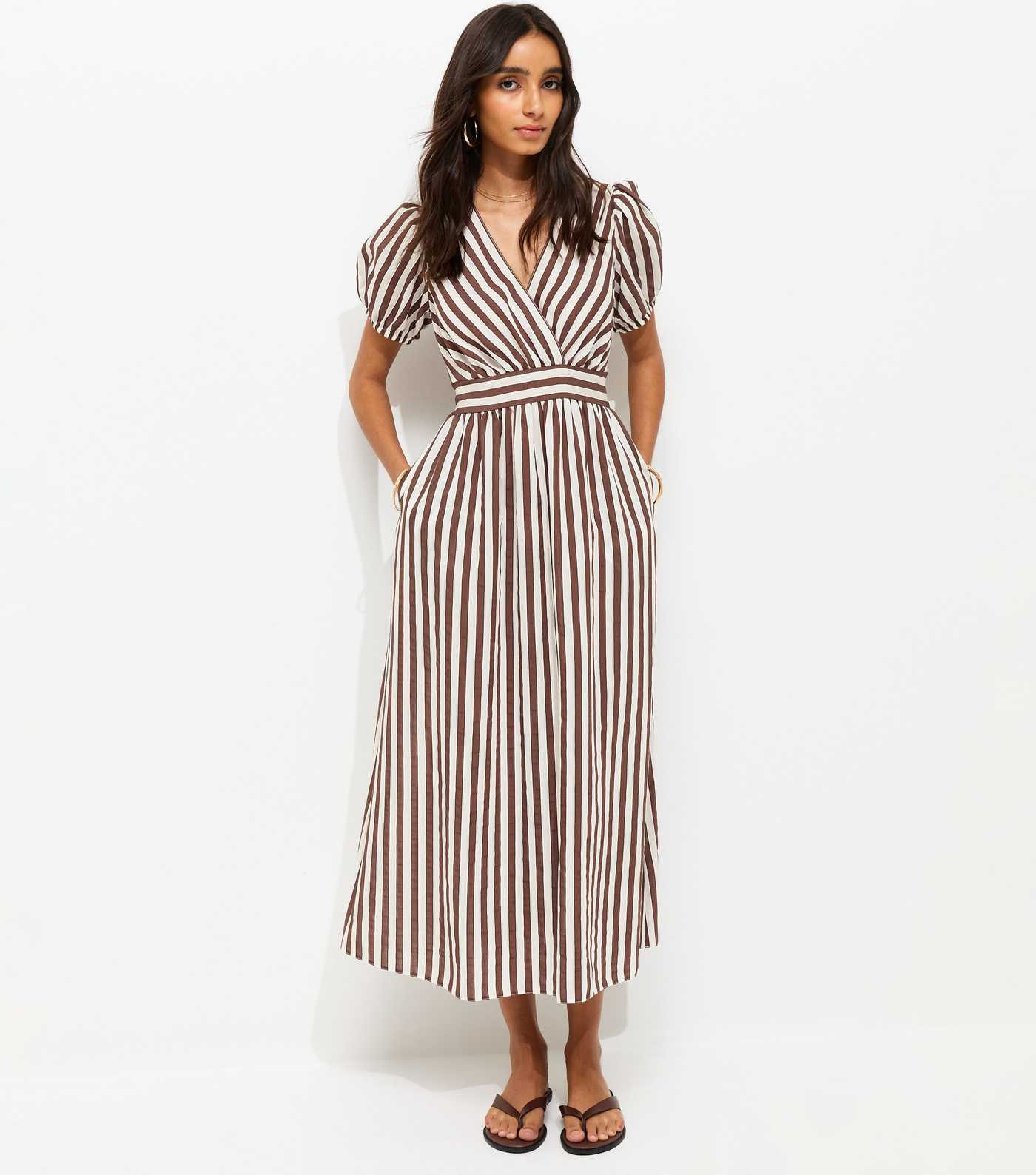 Brown Striped Wrap Midi Dress | New Look | New Look (UK)