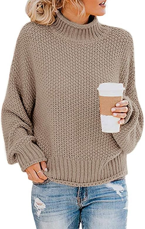 Women's Turtleneck Sweaters Long Batwing Sleeve Oversized Chunky Knitted Pullover Tops | Amazon (US)
