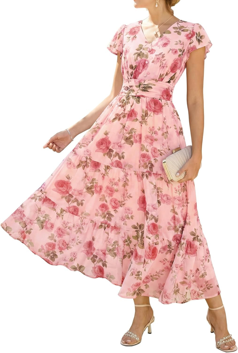 GRACE KARIN 2026 Women Summer Dress,Maxi Short Sleeve Floral Dresses,Semi Formal Flowy Wedding Guest Dress with Pocket | Amazon (US)