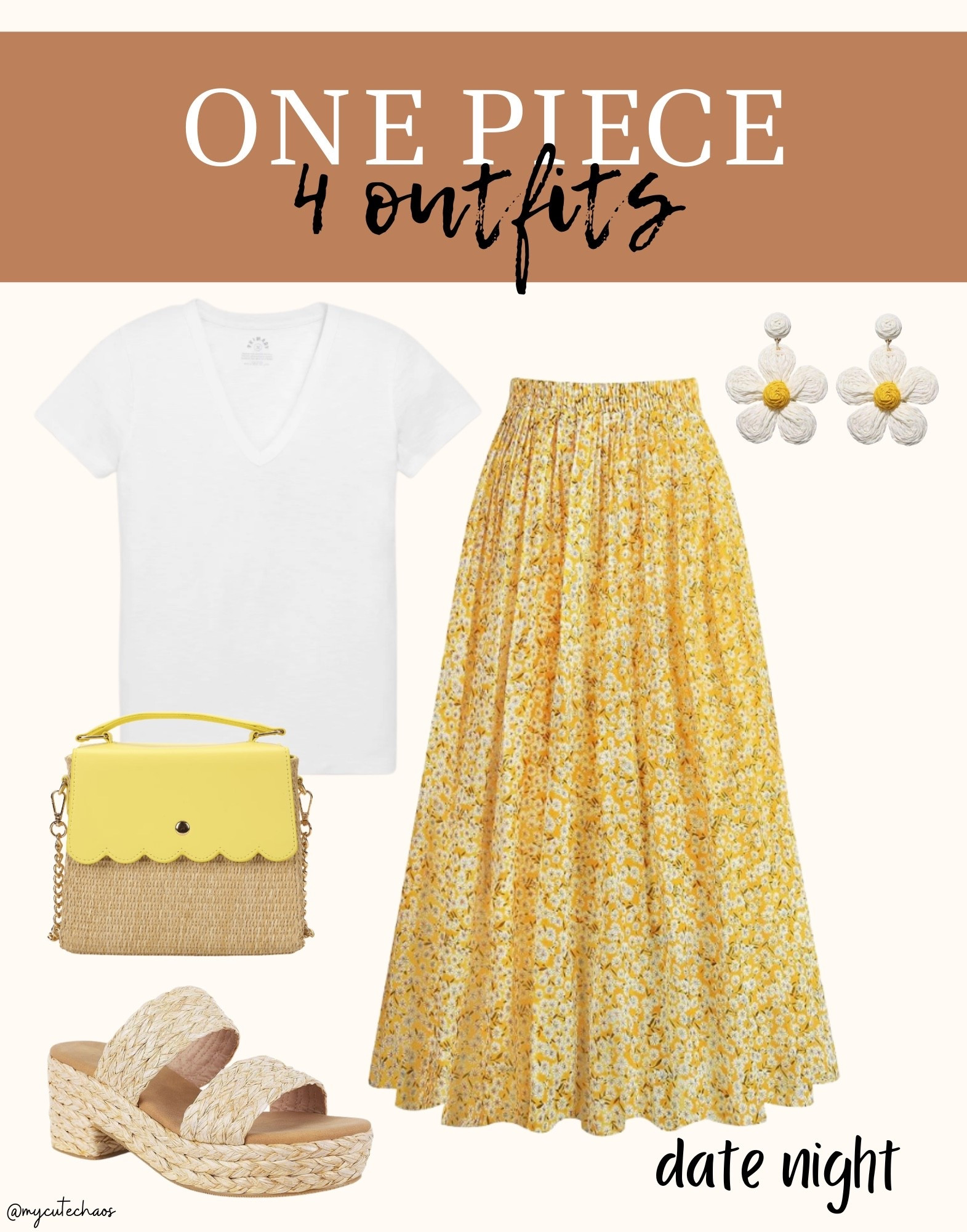 Date Night outfit, spring date night
Spring outfit, spring style
Spring skirt, basic white tee
Spring shoes, Spring sandals, Spring heels, yellow outfit, yellow bag, crossbody bag, Spring earrings

#LTKootd