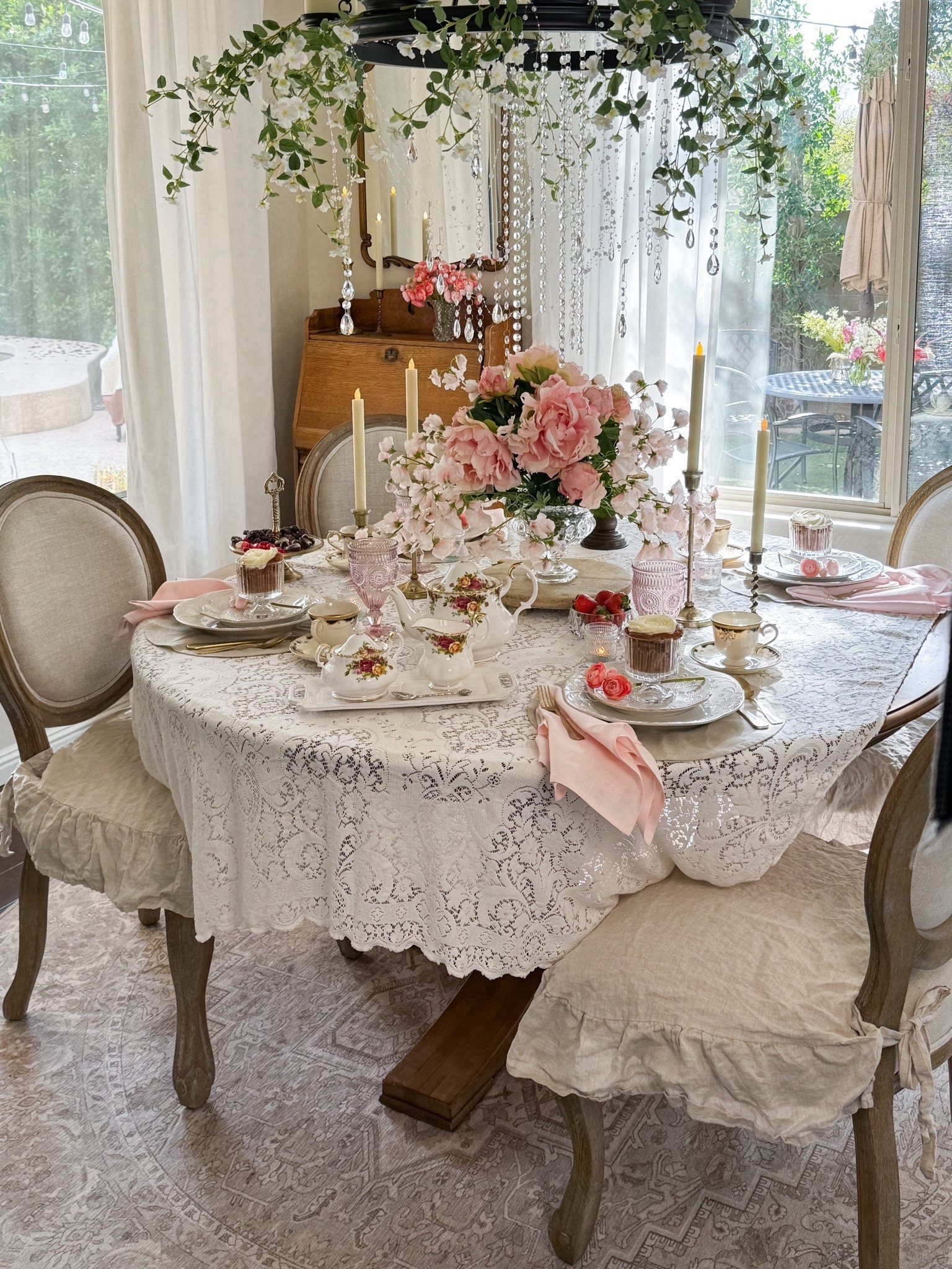 Valentine table /Galentine Table🩷

French candy dish from small shoppe @shoppe.crown.and.sparrow

Vintage lace tablecloth, Lenox French Perle white dishes, pink faux flowers, glass parfait dishes, pink linen napkins, Royal Albert Country Roses tea pot, sugar and creamer 

#LTKfindsunder100 #LTKSeasonal #LTKhome