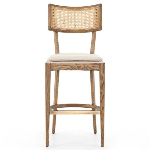 Tina Modern Cream Performance Upholstered Woven Cane Brown Wood Bar Stool | Kathy Kuo Home