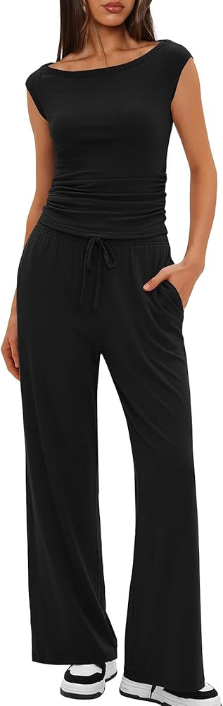 Darong Women 2 Piece Lounge Set Cap Sleeve Boat Neck Top Wide Leg Pants Set Summer Outfit Two Pie... | Amazon (US)
