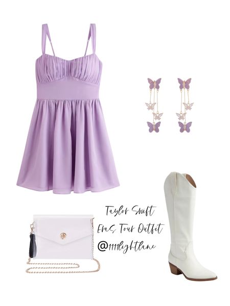 Taylor Swift Eras Tour Outfit, Speak Now Look, Purple Dress, White Cowboy Boots, Lavender Haze Look
*boots are super comfy and I wore them the entire concert, currently on sale along with the dress 

#LTKstyletip #LTKunder100 #LTKFind