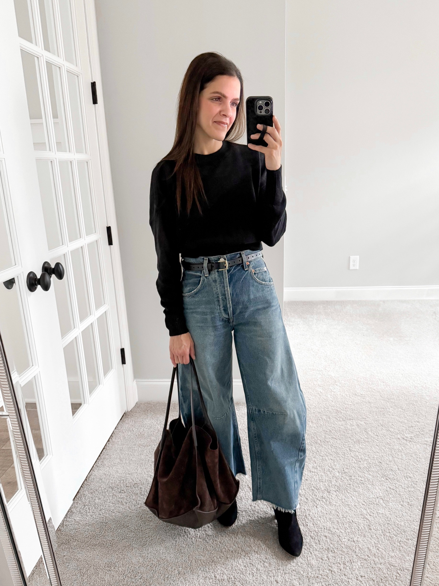Todays look —

Sweater - old from Madewell, linked similar
Barrel jeans - size down 
Slouch boot - linked similar 
Suede tote 

#LTKStyleTip