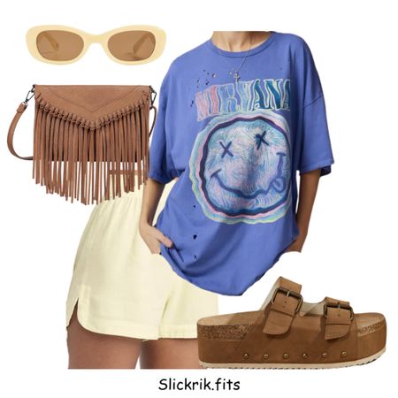 Casual cute outfit. Park Mom outfit. Nirvana blue shirt outfit. Yellow shorts, brown platform, sandals, yellow sunglasses. Amazon Amazon fines. Perfect brown bag. Travel outfit

#LTKStyleTip #LTKActive #LTKBaby