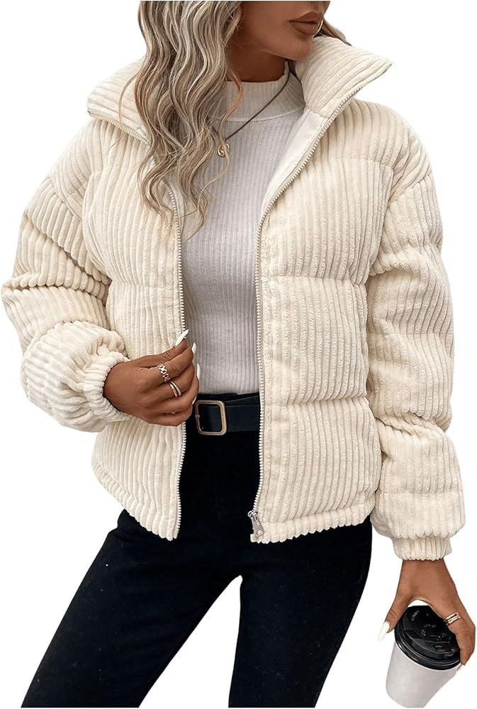 SOLY HUX Women's Zip Up Puffer Jacket Long Sleeve Corduroy Padded Coat Winter Outerwear | Amazon (US)