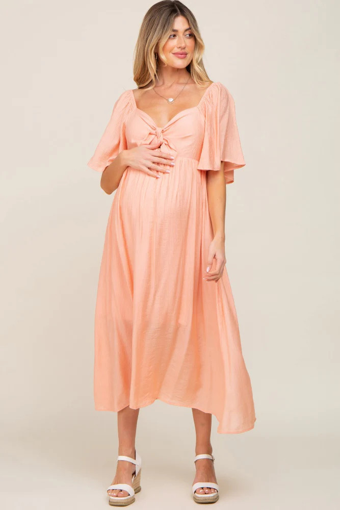Peach Front Tie Ruffle Sleeve Maternity Midi Dress | PinkBlush Maternity