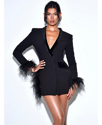 Women's Madeline Black Feather Trim Blazer Dress | Macy's