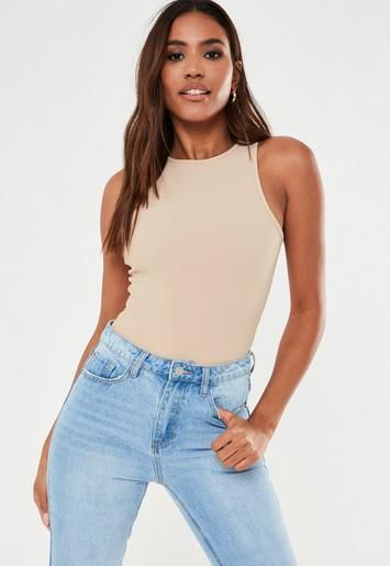 Petite Sand Ribbed Racer Back Bodysuit | Missguided (US & CA)